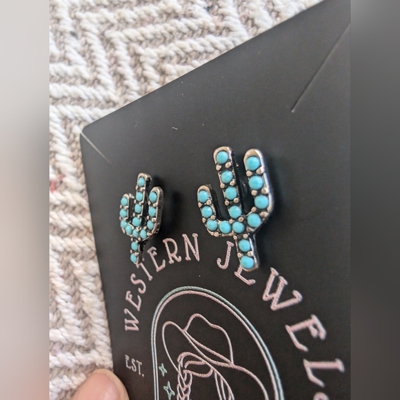 Western Stud Turquoise Cactus Earrings - Picture 3 of 6